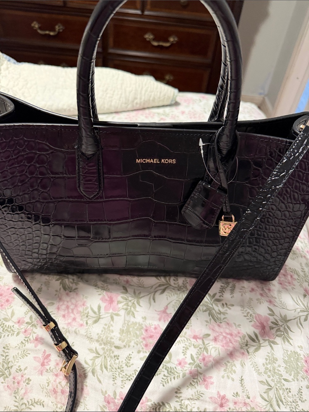 Michael Kors Croc-Embossed Satchel in Deep Plum with Gold Hardware